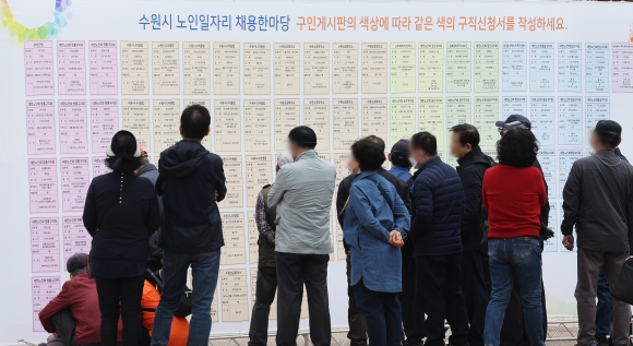 20일 오후 경기도 수원시 화성행궁 광장에서 열린 ‘수원시 노인 일자리 채용한마당’에서 구직자들이 채용 게시판을 살펴보고 있다. 사진은 기사 내용과 무관함. 2023.4.20 연합뉴스