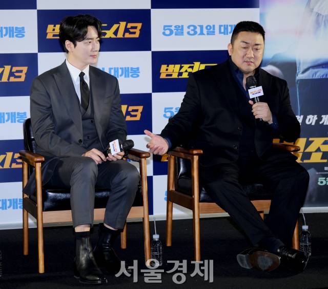 배우 마동석, 이준혁이 9일 오전 서울 강남구 코엑스 메가박스에서 진행된 영화 ‘범죄도시3’(감독 이상용) 제작보고회에 참석했다. 김규빈 기자