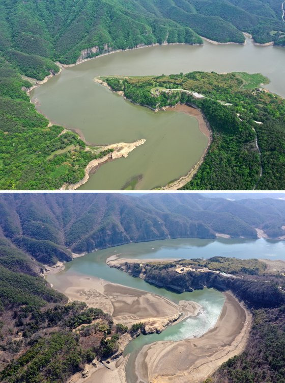 8일 오후 전남 화순군 이서면 화순적벽 앞 동복호의 모습(위), 아래는 가뭄으로 저수량 19%로 떨어진 지난 3월 20일 모습. 연합뉴스