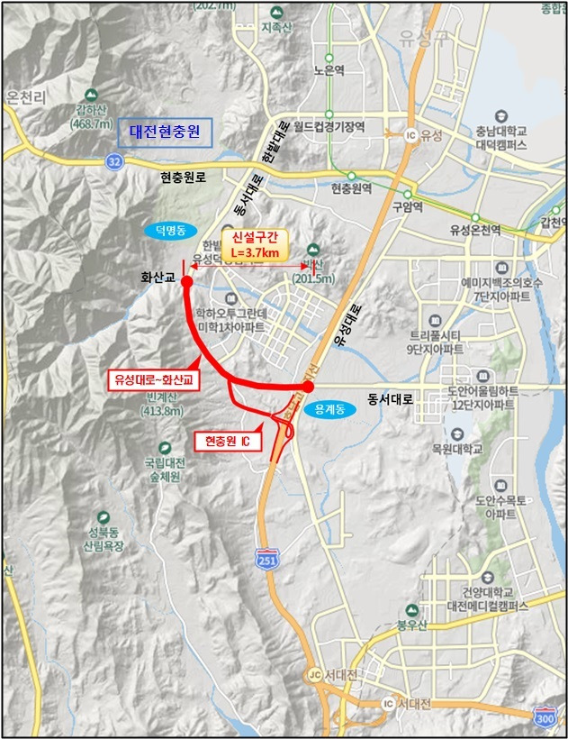 [대전=뉴시스] 정부의 예비타당성조사 대상사업으로 선정된 대전 유성대로~화산교 도로개설 도로구간 위치도. (그림= 대전시 제공) *재판매 및 DB 금지