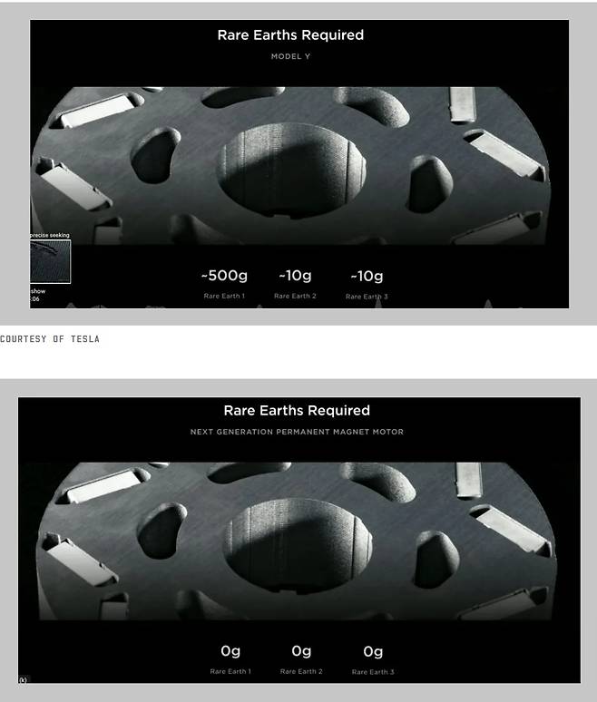 테슬라가 투자자 행사에서 공개한 슬라이드. 위 사진에는 희토륨 함유량이 표시돼 있지만, 아래 사진에는 희토륨이 쓰이지 않는다고 써 있다.