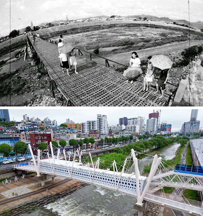 광주 서구 양3동과 옛 방직공장을 잇는 다리가 48년만에 11일 재개통됐다.(아래사진) 위 사진은 1962년 시민들이 구멍 뚫린 다리를 건너고 있는 모습. /김영근 기자, 김홍인 작가 제공