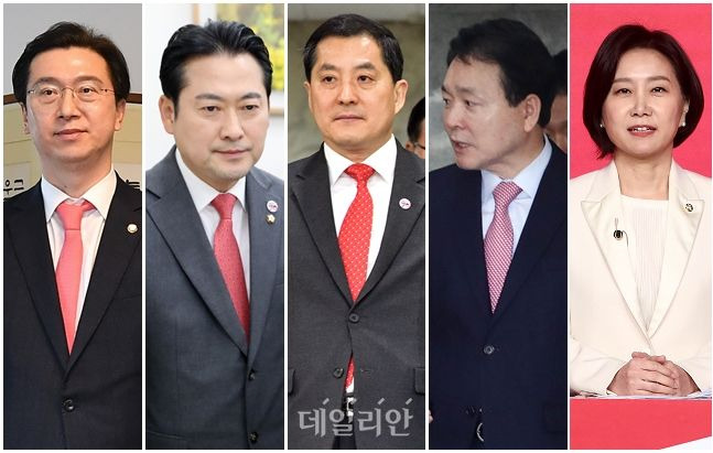 국민의힘 강민국 수석대변인, 장동혁 원내대변인, 박대출 정책위의장, 성일종 전 정책위의장, 허은아 의원(사진 왼쪽부터) ⓒ데일리안