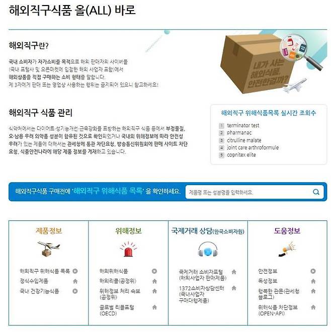 [서울=뉴시스] 14일 식품의약품안전처는 위해성분이 확인된 해외직구식품에 대한 정보 등을 식품안전나라 홈페이지의 해외직구식품 올(ALL)바로에서 제공하고 있다고 밝혔다. (사진=식약처 제공) *재판매 및 DB 금지