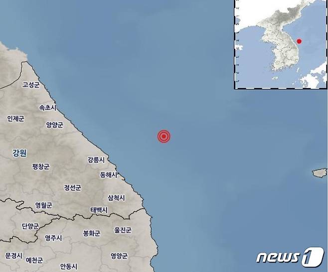 강원 동해시 북동쪽 53㎞ 해역에서 발생한 규모 1.8의 지진 위치.(기상청 캡쳐) 2023.5.15/뉴스1