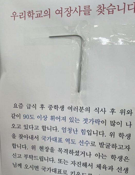 젓가락을 90도로 꺾은 학생들을 찾는다는 공고문. 사진=온라인 커뮤니티