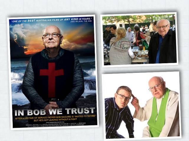 밥 신부의 생애와 은퇴 과정을 담은 2013년 다큐멘터리 'IN BOB WE TRUST' 포스터(왼쪽), 밥 맥과이어 재단 무료 급식 봉사 현장의 그(오른쪽 위), 코미디언 존 사프란과 공동진행을 맡았던 2005년 호주 SBS TV 토크쇼 'Speaking in Tongues' 포스터. IMDB, fatherbobs.com