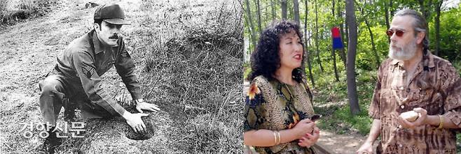 전곡리 유적은 1978년 4월 애리조나 주립대에서 고고학을 전공한 주한미군 그레그 보웬이 한국인 여자친구와 한탄강에 놀러와 주먹도끼를 수습함으로써 극적으로 발견됐다. 왼쪽 사진은 발젼당시를 재현한 보웬, 오른쪽 사진은 2005년 연천군 초청으로 전곡리를 방문한 보웬과 부인(상미 보웬).|전곡선사박물관 제공·연합뉴스 자료사진
