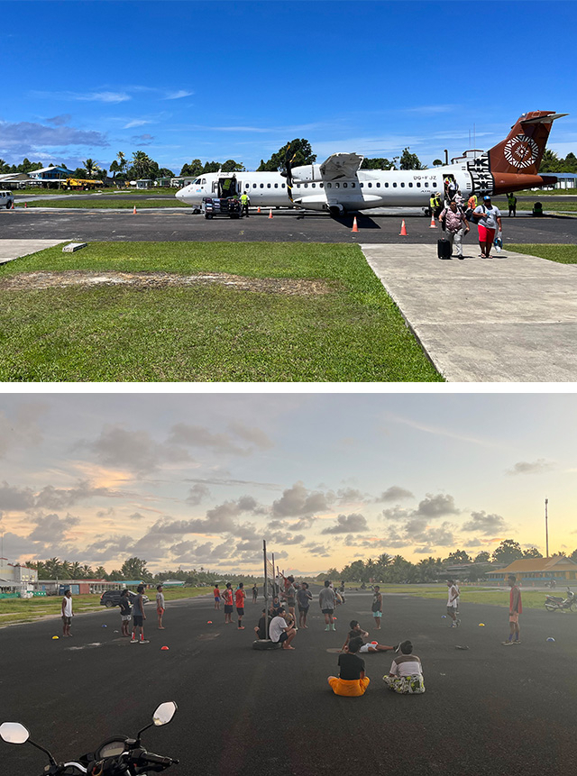 ▲ 투발루 푸나푸티 국제공항의 모습. 위에는 취재진이 피지에서 투발루로 타고 온 항공기. 아래는 항공기 이착륙이 종료된 이후에 개방된 활주로에서 배구를 즐기고 있는 주민들. ⓒ외교부 공동취재단(=투발루)