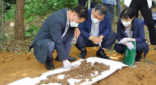 5·18민주화운동조사위원회 조사관들이 전남 해남군 해남읍의 한 야산에서 무연고 유골을 발굴해 살펴보고 있다. 사진=5·18민주화운동조사위원회