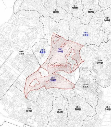 안산(신길2) 토지거래계약 허가구역 지형도면. 안산시 제공 