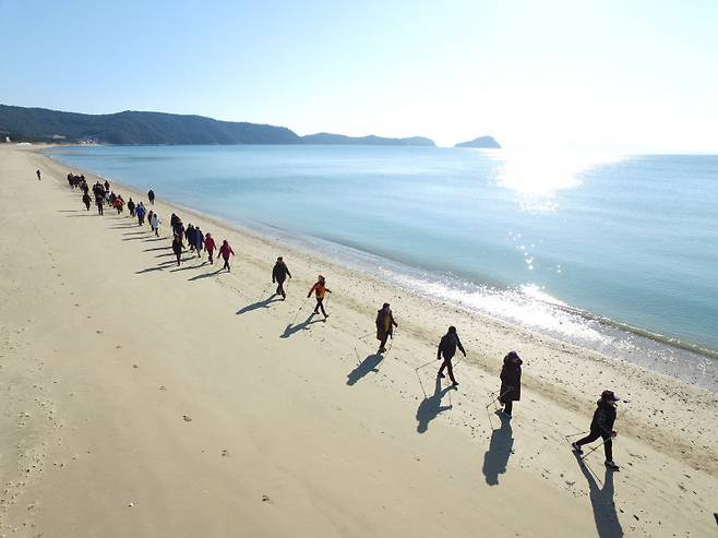 완도군이 진행하는 해양 치유 프로그램 참가자들이 명사십리해수욕장에서 노르딕워킹을 하고 있다. 완도군 제공