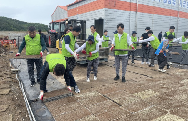 농협중앙회 지역사회공헌부 직원들과 이재식 농협중앙회 부회장(왼쪽 세번째) 등이 농촌 일손돕기를 위해 전남 함평농가를 찾아 육묘상자 나르기를 하고 있다.