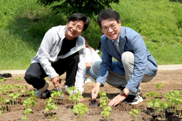 정원오(오른쪽) 서울 성동구청장이 지난 13일 중랑천 인근에서 한 주민과 친환경 작물인 케나프를 심고 있다. 성동구 제공