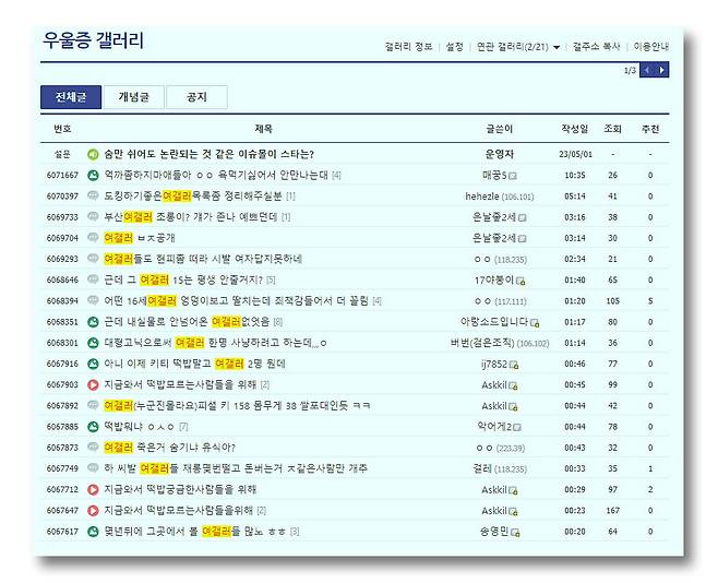 우울증갤러리에서 검색어로 '여갤러'를 입략했을 때 뜨는 글 목록.
