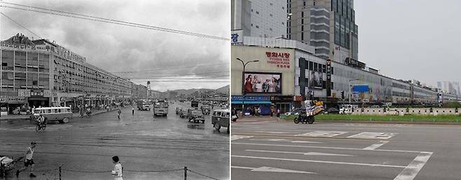 1965년 복개공사가 마무리된 평화시장과 청계로(위)와 현재 청계천 오간수교에서 바라본 평화시장과 청계천(아래). [정부기록사진집·한주형기자]