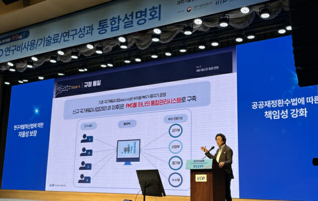 정보통신기획평가원은 22일 ICT R&D 연구 관리 통합설명회를 개최했다. 김태진 IITP 팀장이 R&D와 연구윤리를 주제로 발표하고 있다.