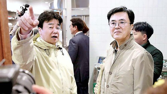 백종원 더본코리아 대표(왼쪽)와 김태흠 충남지사가 4월 1일 재개장한 충남 예산상설시장을 찾아 운영 상황을 둘러보고 있다. 연합뉴스