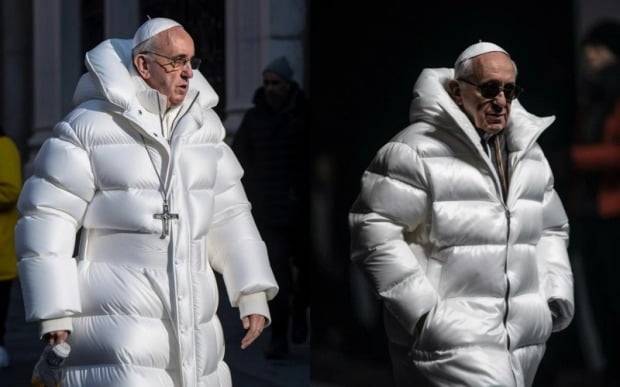 교황이 명품 패딩을 입은 사진.  AI가 만든 가짜 사진이다.