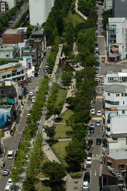 연남동 경의선숲길 양쪽으로 카페가 늘어서 있다.