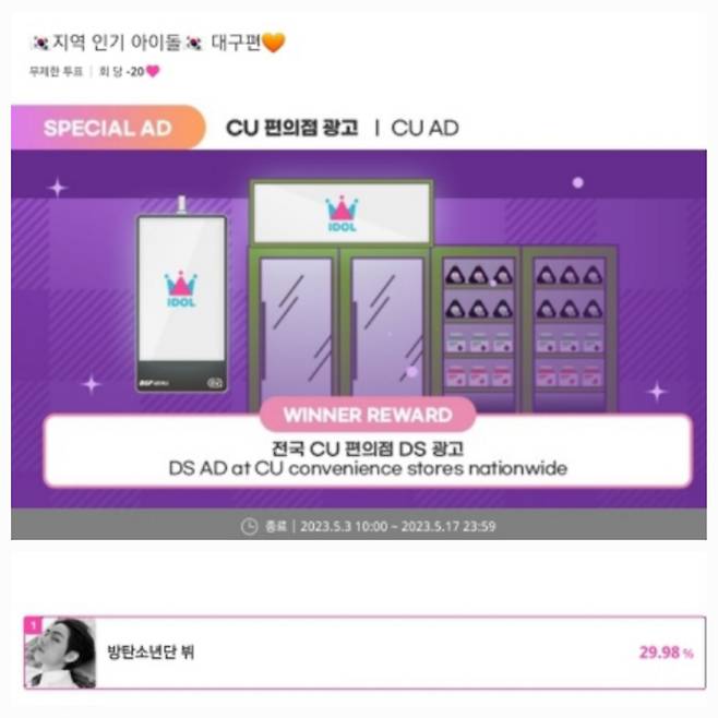 방탄소년단 뷔, 대구 출신 인기 아이돌 1위