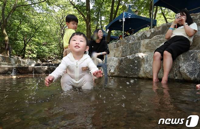 전국이 여름 더위를 보인 17일 과천 서울대공원 캠핑장 계곡에서 어린이들이 물놀이를 즐기고 있다. 2023.5.17/뉴스1 ⓒ News1 박세연 기자