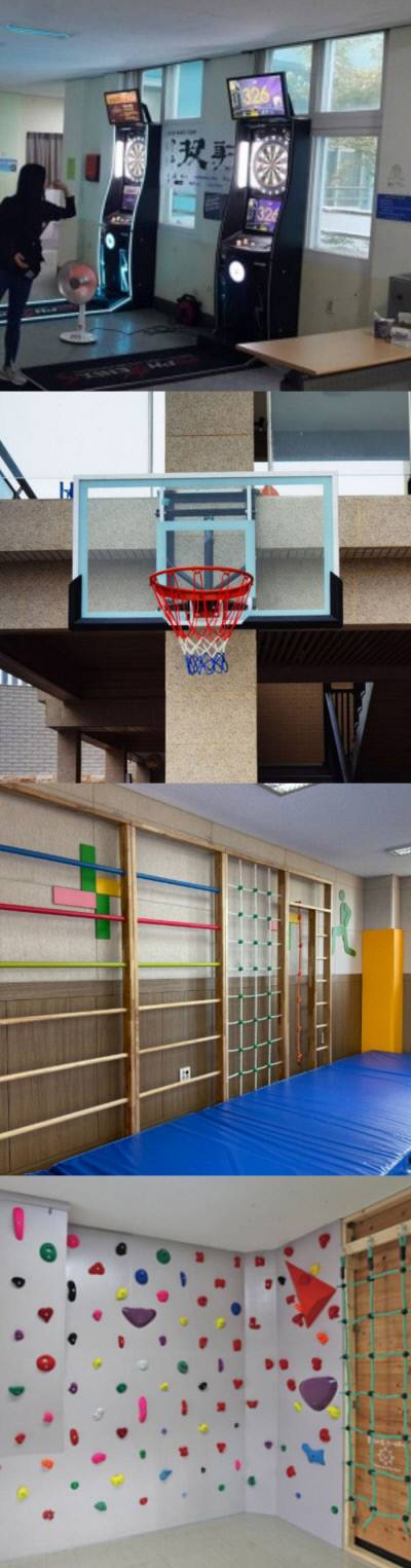 서울시교육청이 학생들의 체력 향상을 위한 ‘틈틈체육 프로젝트’의 예시로 든 시설들. 위 사진부터 다트, 농구대, 늑목, 클라이밍 시설. 서울시교육청 제공
