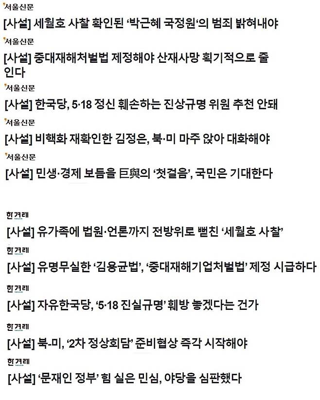 ▲호반건설 인수 이전 서울신문 사설 가운데 한겨레와 유사한 내용을 다룬 사례