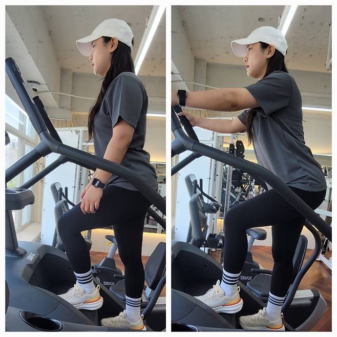 이채영 헬스트레이너가 일반적으로 계단을 오를 때처럼 허리를 꼿꼿이 편 채로 오르는 동작(왼쪽)과, 엉덩이를 뒤로 빼고 무릎을 직각으로 유지한 채로 오르는 스쿼트 동작(오른쪽)을 비교해 보여주고 있다. 무릎의 부담을 줄이면서 애플힙도 얻을 수 있는 일석이조의 동작은 오른쪽이다. /사진제공=이병훈 가천대 길병원 정형외과 교수