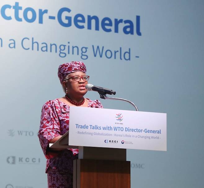 응고지 오콘조-이웰라(Ngozi Okonjo-Iweala) 세계무역기구(WTO) 사무총장이 23일 대한상공회의소에서 강연을 하고있다./사진=대한상공횡의소