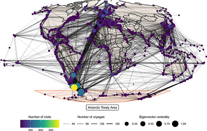 그림 2. 2014~2018년간 남극과 전 세계 항구를 오가는 선박들의 이동량 (McCarthy et al., 2022. PNAS)