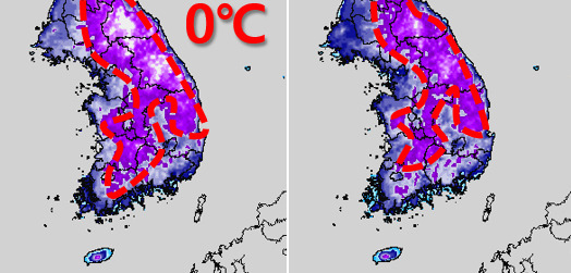 8~9일 최저기온 분포도. 빨간 선은 0℃ 선./사진=기상청 제공