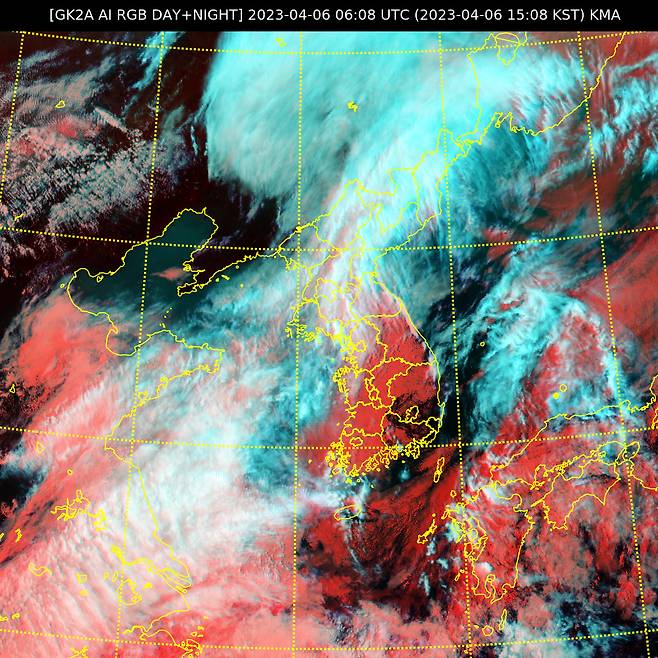 한국시간 6일 오후 3시8분 기준 천리안2A 위성이 관측한 RGB주야간합성(AI)영상./사진=기상청 날씨누리 제공