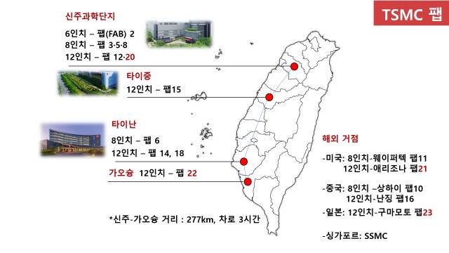 대만 지도와 TSMC 전공정 공장 위치. 서울경제DB.