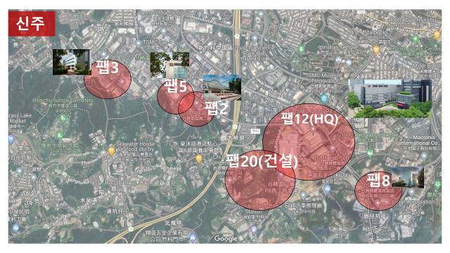 6인치 파운드리부터 2나노 공장(계획)까지. 신주과학단지에선 정말 다양한 반도체 웨이퍼를 만들 수 있습니다. 사진=구글 지도, TSMC