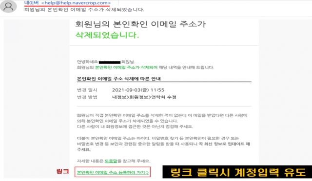 국내 포털사이트 네이버를 사칭한 북한의 해킹 수법. 국정원 제공