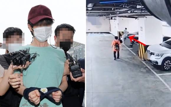 14살 연상 동거녀를 살해한 혐의를 받는 피의자 30대 남성 A(왼쪽)씨가 26일 서울 금천구 금천경찰서로 압송되고 있다. A씨는 이날 오전 7시17분쯤 서울 금천구 시흥동의 한 상가 지하주차장에서 동거인 B씨(47·여)에게 흉기를 휘두른 뒤 차에 태우고 도주한 혐의를 받는다. 왼쪽은 범행 당시 모습이 담긴 폐쇄회로(CC)TV 화면. 2023.5.26/뉴스1 (독자제공)2023.5.26/뉴스1