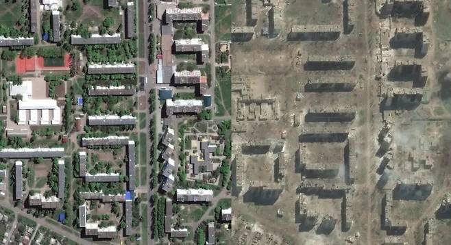 지난해 5월 촬영된 바흐무트와 최근 모습을 담은 위성 사진
