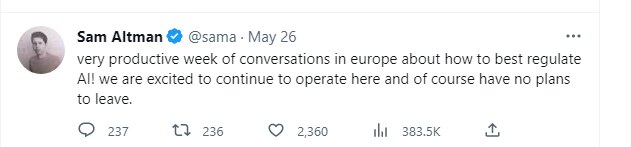샘 올트먼 오픈AI CEO가 지난 26일(현지 시각) 자신의 트위터에 "유럽을 떠날 계획이 없다"고 밝혔다. /샘 올트먼 트위터