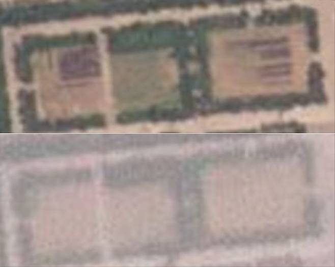 북한 열병식 훈련장의 지난 19일(위)과 26일(아래) 모습. 검은색으로 나타나는 차량이 모두 떠났다는 것을 알 수 있다. 사진=Planet Labs·VOA 홈페이지 캡처