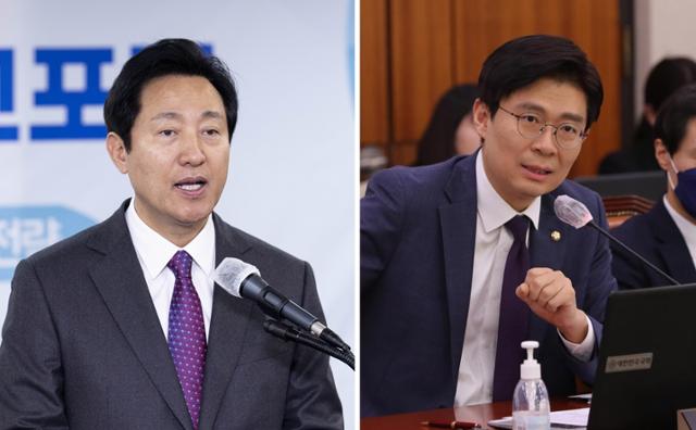 오세훈(오른쪽) 서울시장과 조정훈 시대전환 의원. 한국일보 자료사진, 뉴시스