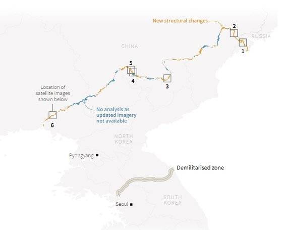 분석하지 못한 푸른색 지역을 제외하고 주황색으로 표시된 최소 489㎞에 철조망과 이중울타리 등 감시 장비가 추가 설치됐다고 로이터는 보도했다. 출처=로이터통신