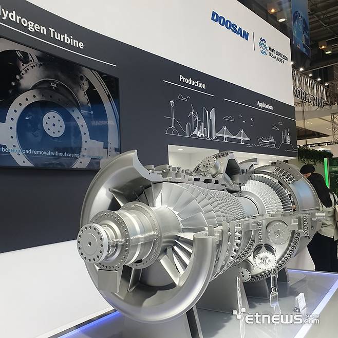 25일 부산 벡스코에서 열린  ‘2023 기후산업국제박람회(WCE)’에서 두산에너빌리티가 전시한 수소터빈 모형.