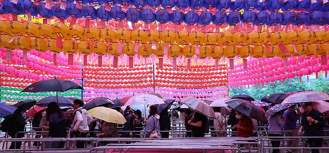 불기 2567년 부처님 오신 날인 27일 오후 서울 종로구 조계사에서 신도들이 대웅전 참배를 위해 줄을 서고 있다. 연합뉴스