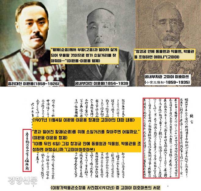 1907년 11월4일 매국내각의 총리대신 이완용과 ·궁내부대신 이윤용 형제가 궁내부 차관이던 일본인 고미야 미호마쓰에게 “순종의 소일거리를 찾아주면 어떠냐”고 부탁한다. 고미야는 이틀 뒤 “그렇다면 창경궁 안에 동물원과 식물원, 박물관을 조성하면 어떠냐”고 제안한다.