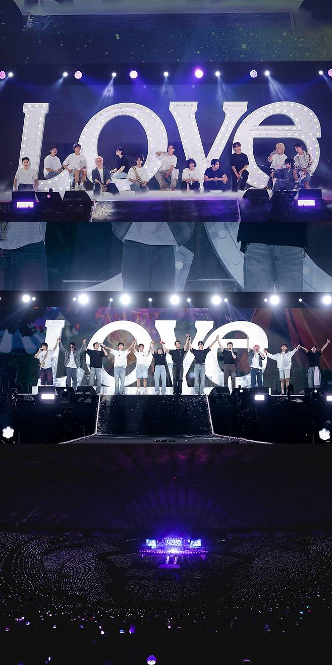 K-pop group Seventeen holds its "Love" meeting with fans at the Tokyo Dome in Tokyo, Sunday. (Pledis Entertainment)