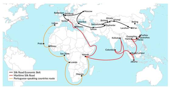 일대일로와 포르투갈어권 해상 노선도. 〈그래픽= gisreportsonline닷컵 캡처〉