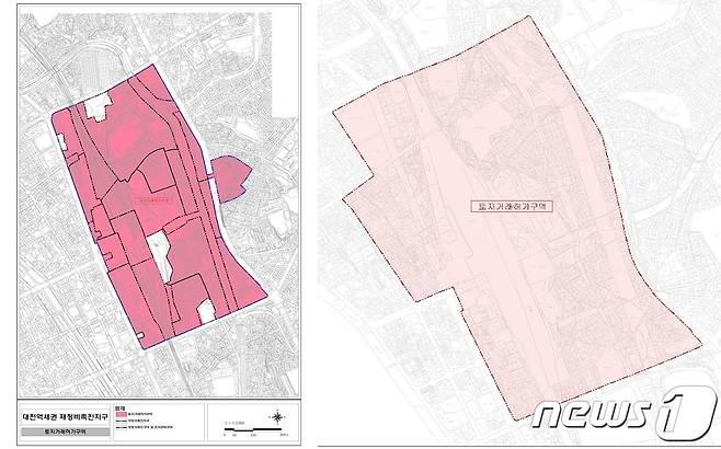 31일 토지거래 허가구역에서 해제되는 대전역세권 재정비촉진지구(왼쪽)와 신규 지정되는 도심융합특구지구 대전역세권구역.(대전시 제공)/뉴스1