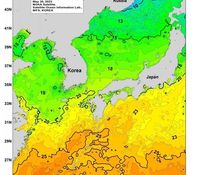 노아위성에서 관측한 5월 30일 한국 주변 해역 수온