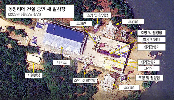북한이 군사정찰위성 발사를 예고한 가운데 미국 전략국제문제연구소(CSIS)가 지난 23일 위성으로 촬영해 공개한 북한 평안북도 철산군 동창리의 새 서해위성발사장 건설 모습. 기존 발사장에서 남동쪽으로 약 2.7㎞ 떨어진 지점에 건설되고 있는 것으로 확인됐다. CSIS 제공